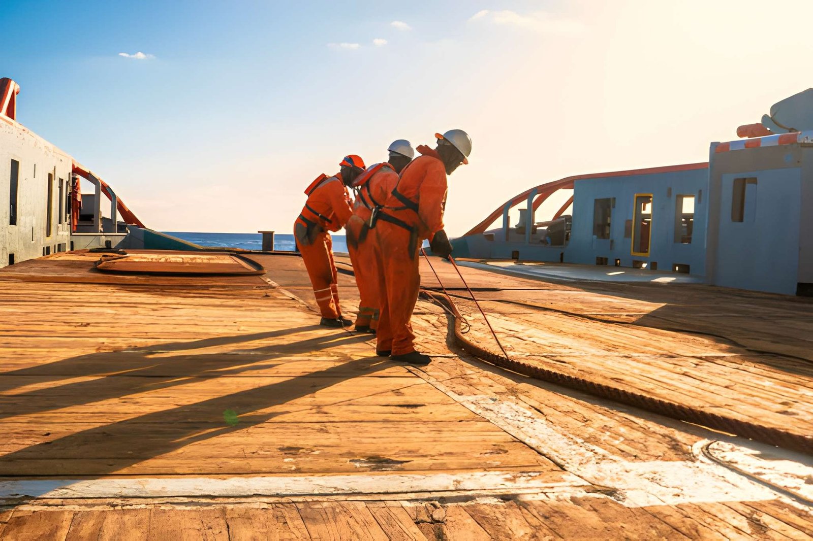 Offshore crew members in full PPE carrying out mechanical tasks